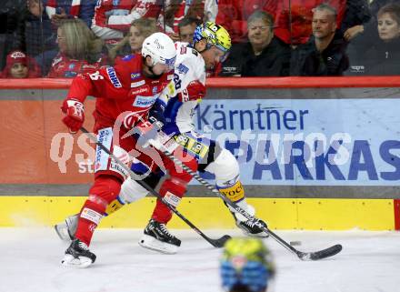 EBEL. Eishockey Bundesliga. KAC gegen VSV.   Simeon Schwinger, (KAC),  Derek Joslin    (VSV). Klagenfurt, am 10.3.2023.
Foto: Kuess
www.qspictures.net
---
pressefotos, pressefotografie, kuess, qs, qspictures, sport, bild, bilder, bilddatenbank