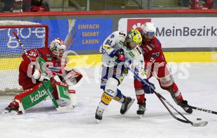 EBEL. Eishockey Bundesliga. KAC gegen VSV.   Steven Strong, Sebastian Dahm,   (KAC),    Andrew Desjardins (VSV). Klagenfurt, am 10.3.2023.
Foto: Kuess
www.qspictures.net
---
pressefotos, pressefotografie, kuess, qs, qspictures, sport, bild, bilder, bilddatenbank