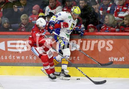 EBEL. Eishockey Bundesliga. KAC gegen VSV.   Simeon Schwinger,   (KAC),  Derek Joslin  (VSV). Klagenfurt, am 10.3.2023.
Foto: Kuess
www.qspictures.net
---
pressefotos, pressefotografie, kuess, qs, qspictures, sport, bild, bilder, bilddatenbank