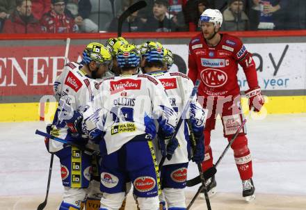 EBEL. Eishockey Bundesliga. KAC gegen VSV.   Torjubel Derek Joslin, Anthony Luciani, Robert Sabolic, Philipp Lindner, Chris Collins (VSV). Klagenfurt, am 10.3.2023.
Foto: Kuess
www.qspictures.net
---
pressefotos, pressefotografie, kuess, qs, qspictures, sport, bild, bilder, bilddatenbank