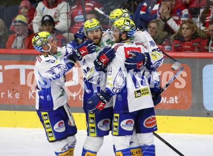 EBEL. Eishockey Bundesliga. KAC gegen VSV.   Torjubel Andrew Desjardins, Chris Collins, Nicolas Rivett-Mattinen, Anthony Luciani  (VSV). Klagenfurt, am 10.3.2023.
Foto: Kuess
www.qspictures.net
---
pressefotos, pressefotografie, kuess, qs, qspictures, sport, bild, bilder, bilddatenbank