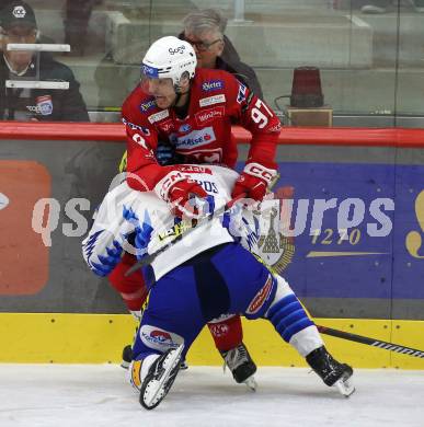 EBEL. Eishockey Bundesliga. KAC gegen VSV.   Fabian Hochegger,   (KAC),  Layne Viveiros  (VSV). Klagenfurt, am 10.3.2023.
Foto: Kuess
www.qspictures.net
---
pressefotos, pressefotografie, kuess, qs, qspictures, sport, bild, bilder, bilddatenbank