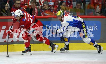 EBEL. Eishockey Bundesliga. KAC gegen VSV.    Marcel Witting,  (KAC),  Robert Sabolic  (VSV). Klagenfurt, am 10.3.2023.
Foto: Kuess
www.qspictures.net
---
pressefotos, pressefotografie, kuess, qs, qspictures, sport, bild, bilder, bilddatenbank