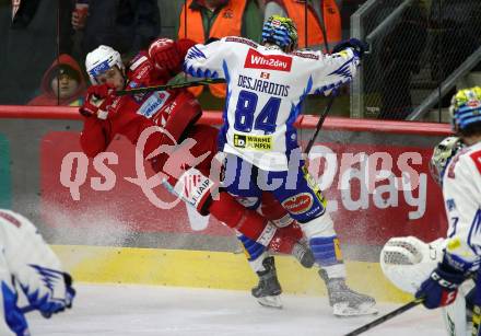 EBEL. Eishockey Bundesliga. KAC gegen VSV.   Daniel Obersteiner,   (KAC),  Andrew Desjardins  (VSV). Klagenfurt, am 10.3.2023.
Foto: Kuess
www.qspictures.net
---
pressefotos, pressefotografie, kuess, qs, qspictures, sport, bild, bilder, bilddatenbank