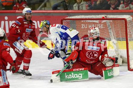 EBEL. Eishockey Bundesliga. KAC gegen VSV.   Jesper Jensen Aabo, Sebastian Dahm,   (KAC),    Andrew Desjardins (VSV). Klagenfurt, am 10.3.2023.
Foto: Kuess
www.qspictures.net
---
pressefotos, pressefotografie, kuess, qs, qspictures, sport, bild, bilder, bilddatenbank