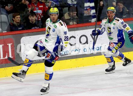 EBEL. Eishockey Bundesliga. KAC gegen VSV.  Torjubel Derek Joslin, Anthony Luciani (VSV). Klagenfurt, am 10.3.2023.
Foto: Kuess
www.qspictures.net
---
pressefotos, pressefotografie, kuess, qs, qspictures, sport, bild, bilder, bilddatenbank