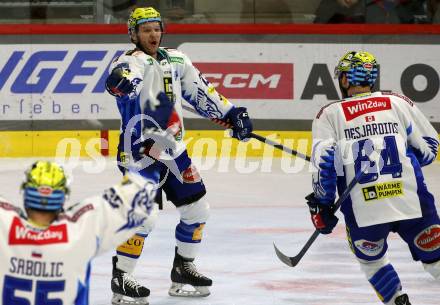 EBEL. Eishockey Bundesliga. KAC gegen VSV.  Torjubel John Hughes, Andrew Desjardins   (VSV). Klagenfurt, am 10.3.2023.
Foto: Kuess
www.qspictures.net
---
pressefotos, pressefotografie, kuess, qs, qspictures, sport, bild, bilder, bilddatenbank