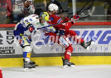 EBEL. Eishockey Bundesliga. KAC gegen VSV.   Clemens Unterweger, (KAC),  Andrew Desjardins    (VSV). Klagenfurt, am 10.3.2023.
Foto: Kuess
www.qspictures.net
---
pressefotos, pressefotografie, kuess, qs, qspictures, sport, bild, bilder, bilddatenbank