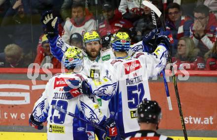 EBEL. Eishockey Bundesliga. KAC gegen VSV.   Torjubel Andrew Desjardins, Chris Collins, Nicolas Rivett-Mattinen  (VSV). Klagenfurt, am 10.3.2023.
Foto: Kuess
www.qspictures.net
---
pressefotos, pressefotografie, kuess, qs, qspictures, sport, bild, bilder, bilddatenbank