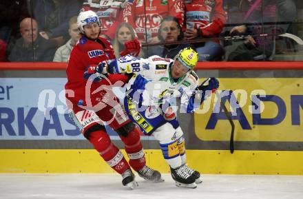 EBEL. Eishockey Bundesliga. KAC gegen VSV.   David Maier,  (KAC),  Anthony Luciani   (VSV). Klagenfurt, am 10.3.2023.
Foto: Kuess
www.qspictures.net
---
pressefotos, pressefotografie, kuess, qs, qspictures, sport, bild, bilder, bilddatenbank