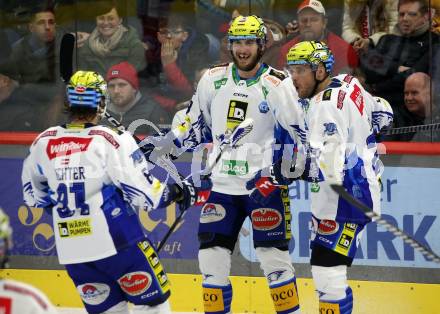 EBEL. Eishockey Bundesliga. KAC gegen VSV.   Torjubel Maximilian Rebernig, Marco Richter, Derek Joslin   (VSV). Klagenfurt, am 10.3.2023.
Foto: Kuess
www.qspictures.net
---
pressefotos, pressefotografie, kuess, qs, qspictures, sport, bild, bilder, bilddatenbank