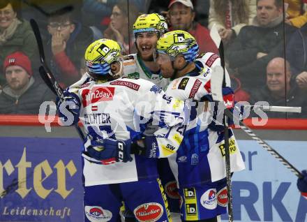 EBEL. Eishockey Bundesliga. KAC gegen VSV.   Torjubel Maximilian Rebernig, Marco Richter, Derek Joslin  (VSV). Klagenfurt, am 10.3.2023.
Foto: Kuess
www.qspictures.net
---
pressefotos, pressefotografie, kuess, qs, qspictures, sport, bild, bilder, bilddatenbank