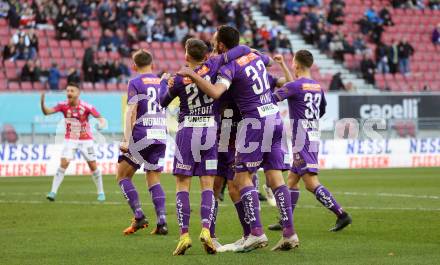 Fussball Bundesliga. SK Austria Klagenfurt gegen TSV Hartberg. Torjubel Simon Straudi, Florian Rieder, Markus Pink  (Klagenfurt).  Klagenfurt, am 12.3.2023.
Foto: Kuess
---
pressefotos, pressefotografie, kuess, qs, qspictures, sport, bild, bilder, bilddatenbank