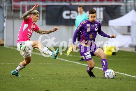 Fussball Bundesliga. SK Austria Klagenfurt gegen TSV Hartberg.  Till Schumacher, (Klagenfurt),   Dominik Frieser  (Hartberg).  Klagenfurt, am 12.3.2023.
Foto: Kuess
---
pressefotos, pressefotografie, kuess, qs, qspictures, sport, bild, bilder, bilddatenbank