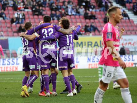 Fussball Bundesliga. SK Austria Klagenfurt gegen TSV Hartberg. Torjubel Simon Straudi, Florian Rieder, Markus Pink  (Klagenfurt).  Klagenfurt, am 12.3.2023.
Foto: Kuess
---
pressefotos, pressefotografie, kuess, qs, qspictures, sport, bild, bilder, bilddatenbank