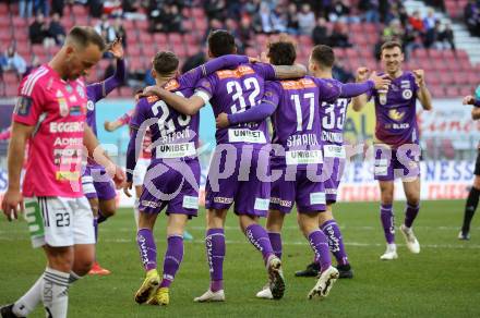 Fussball Bundesliga. SK Austria Klagenfurt gegen TSV Hartberg.  Torjubel Simon Straudi, Florian Rieder, Markus Pink (Klagenfurt).  Klagenfurt, am 12.3.2023.
Foto: Kuess
---
pressefotos, pressefotografie, kuess, qs, qspictures, sport, bild, bilder, bilddatenbank