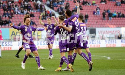 Fussball Bundesliga. SK Austria Klagenfurt gegen TSV Hartberg.  Torjubel Simon Straudi, Florian Rieder, Markus Pink (Klagenfurt).  Klagenfurt, am 12.3.2023.
Foto: Kuess
---
pressefotos, pressefotografie, kuess, qs, qspictures, sport, bild, bilder, bilddatenbank