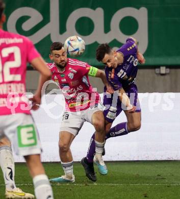 Fussball Bundesliga. SK Austria Klagenfurt gegen TSV Hartberg.  Till Schumacher (Klagenfurt),  , Juergen Heil  (Hartberg).  Klagenfurt, am 12.3.2023.
Foto: Kuess
---
pressefotos, pressefotografie, kuess, qs, qspictures, sport, bild, bilder, bilddatenbank