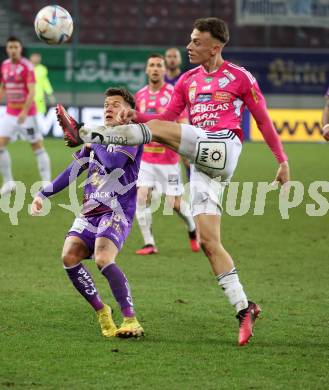 Fussball Bundesliga. SK Austria Klagenfurt gegen TSV Hartberg.  Florian Rieder,  (Klagenfurt),   Manuel Pfeifer (Hartberg).  Klagenfurt, am 12.3.2023.
Foto: Kuess
---
pressefotos, pressefotografie, kuess, qs, qspictures, sport, bild, bilder, bilddatenbank