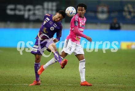 Fussball Bundesliga. SK Austria Klagenfurt gegen TSV Hartberg.  Michael Blauensteiner,  (Klagenfurt),   Ruben Fritzner Providence (Hartberg).  Klagenfurt, am 12.3.2023.
Foto: Kuess
---
pressefotos, pressefotografie, kuess, qs, qspictures, sport, bild, bilder, bilddatenbank