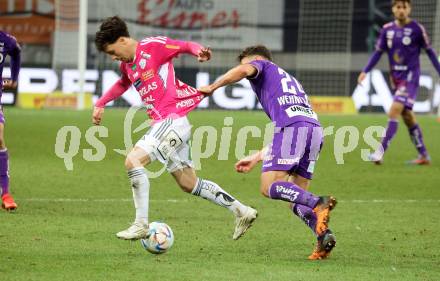 Fussball Bundesliga. SK Austria Klagenfurt gegen TSV Hartberg. Christopher Wernitznig,   (Klagenfurt), Dominik Prokop   (Hartberg).  Klagenfurt, am 12.3.2023.
Foto: Kuess
---
pressefotos, pressefotografie, kuess, qs, qspictures, sport, bild, bilder, bilddatenbank