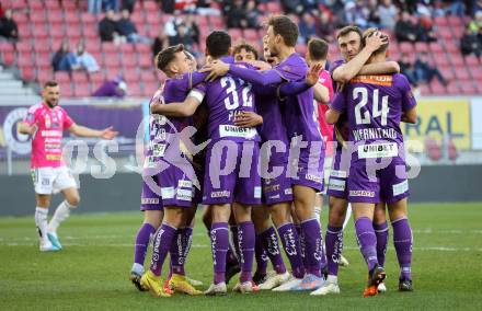 Fussball Bundesliga. SK Austria Klagenfurt gegen TSV Hartberg.  Torjubel Simon Straudi, Florian Rieder, Markus Pink, Thorsten Mahrer (Klagenfurt).  Klagenfurt, am 12.3.2023.
Foto: Kuess
---
pressefotos, pressefotografie, kuess, qs, qspictures, sport, bild, bilder, bilddatenbank