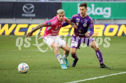 Fussball Bundesliga. SK Austria Klagenfurt gegen TSV Hartberg. Till Schumacher,  (Klagenfurt),   Dominik Frieser  (Hartberg).  Klagenfurt, am 12.3.2023.
Foto: Kuess
---
pressefotos, pressefotografie, kuess, qs, qspictures, sport, bild, bilder, bilddatenbank