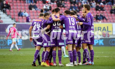 Fussball Bundesliga. SK Austria Klagenfurt gegen TSV Hartberg.  Torjubel Simon Straudi, Florian Rieder, Markus Pink, Thorsten Mahrer (Klagenfurt).  Klagenfurt, am 12.3.2023.
Foto: Kuess
---
pressefotos, pressefotografie, kuess, qs, qspictures, sport, bild, bilder, bilddatenbank