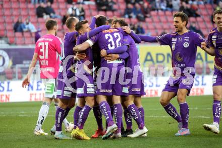 Fussball Bundesliga. SK Austria Klagenfurt gegen TSV Hartberg.  Torjubel Simon Straudi, Florian Rieder, Markus Pink, Thorsten Mahrer (Klagenfurt).  Klagenfurt, am 12.3.2023.
Foto: Kuess
---
pressefotos, pressefotografie, kuess, qs, qspictures, sport, bild, bilder, bilddatenbank