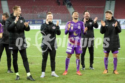 Fussball Bundesliga. SK Austria Klagenfurt gegen TSV Hartberg. Marco Knaller, Fabian Miesenboeck, Michael Blauensteiner, Sandro Zakany, Christopher Wernitznig  (Klagenfurt).  Klagenfurt, am 12.3.2023.
Foto: Kuess
---
pressefotos, pressefotografie, kuess, qs, qspictures, sport, bild, bilder, bilddatenbank