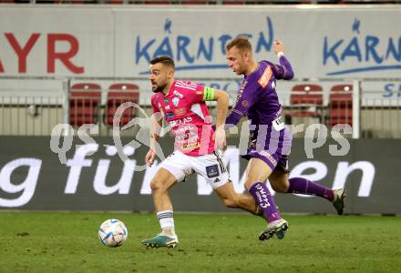 Fussball Bundesliga. SK Austria Klagenfurt gegen TSV Hartberg.  Florian Jaritz, (Klagenfurt),     Juergen Heil (Hartberg).  Klagenfurt, am 12.3.2023.
Foto: Kuess
---
pressefotos, pressefotografie, kuess, qs, qspictures, sport, bild, bilder, bilddatenbank