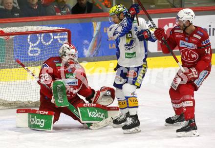 EBEL. Eishockey Bundesliga. EC KAC gegen VSV.   SEbastian Dahm, Paul Postma,   (KAC),    John Hughes (VSV). Klagenfurt, am 14.3.2023.
Foto: Kuess
www.qspictures.net
---
pressefotos, pressefotografie, kuess, qs, qspictures, sport, bild, bilder, bilddatenbank