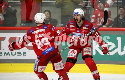 EBEL. Eishockey Bundesliga. EC KAC gegen VSV.  Torjubel Manuel Ganahl, Nikolaus Kraus   (KAC). Klagenfurt, am 14.3.2023.
Foto: Kuess
www.qspictures.net
---
pressefotos, pressefotografie, kuess, qs, qspictures, sport, bild, bilder, bilddatenbank