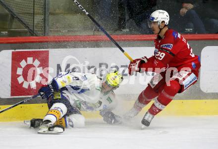 EBEL. Eishockey Bundesliga. EC KAC gegen VSV.   Mike Zalewski,  (KAC),  Maximilian Rebernig   (VSV). Klagenfurt, am 14.3.2023.
Foto: Kuess
www.qspictures.net
---
pressefotos, pressefotografie, kuess, qs, qspictures, sport, bild, bilder, bilddatenbank