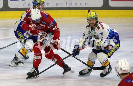 EBEL. Eishockey Bundesliga. EC KAC gegen VSV.    Matthew Fraser, (KAC),   John Hughes  (VSV). Klagenfurt, am 14.3.2023.
Foto: Kuess
www.qspictures.net
---
pressefotos, pressefotografie, kuess, qs, qspictures, sport, bild, bilder, bilddatenbank