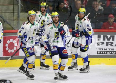 EBEL. Eishockey Bundesliga. EC KAC gegen VSV.  Torjubel Maximilian Rebernig, Marco Richter, Derek Joslin, Niklas Wetzl (VSV). Klagenfurt, am 14.3.2023.
Foto: Kuess
www.qspictures.net
---
pressefotos, pressefotografie, kuess, qs, qspictures, sport, bild, bilder, bilddatenbank