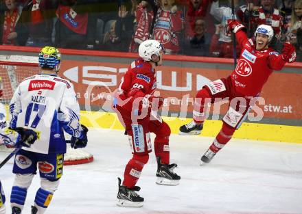 EBEL. Eishockey Bundesliga. EC KAC gegen VSV.   Torjubel Nikolaus Kraus, Mike Zalewski  (KAC). Klagenfurt, am 14.3.2023.
Foto: Kuess
www.qspictures.net
---
pressefotos, pressefotografie, kuess, qs, qspictures, sport, bild, bilder, bilddatenbank