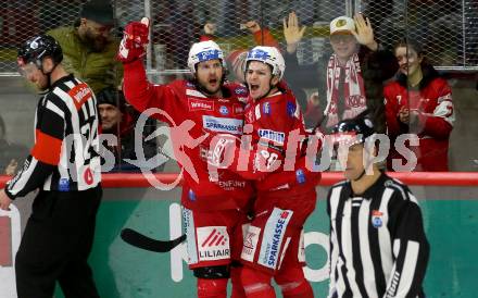 EBEL. Eishockey Bundesliga. EC KAC gegen VSV.   Torjubel Manuel Ganahl, Nikolaus Kraus  (KAC). Klagenfurt, am 14.3.2023.
Foto: Kuess
www.qspictures.net
---
pressefotos, pressefotografie, kuess, qs, qspictures, sport, bild, bilder, bilddatenbank