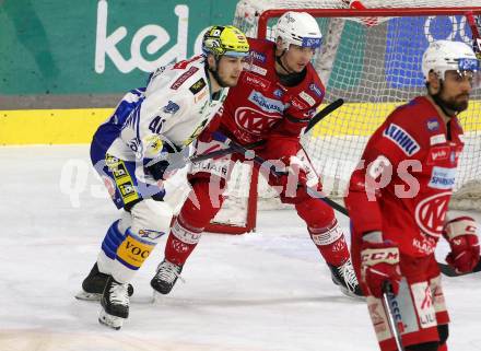 EBEL. Eishockey Bundesliga. EC KAC gegen VSV.  Clemens Unterweger,    (KAC),  Elias Geronimo Wallenta  (VSV). Klagenfurt, am 14.3.2023.
Foto: Kuess
www.qspictures.net
---
pressefotos, pressefotografie, kuess, qs, qspictures, sport, bild, bilder, bilddatenbank