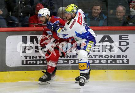 EBEL. Eishockey Bundesliga. EC KAC gegen VSV.    Steven Strong,  (KAC),  Robert Sabolic  (VSV). Klagenfurt, am 14.3.2023.
Foto: Kuess
www.qspictures.net
---
pressefotos, pressefotografie, kuess, qs, qspictures, sport, bild, bilder, bilddatenbank