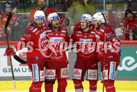 EBEL. Eishockey Bundesliga. EC KAC gegen VSV.   Torjubel Thomas Hundertpfund, Manuel Ganahl, Nikolaus Kraus, Jesper Jensen Aabo  (KAC). Klagenfurt, am 14.3.2023.
Foto: Kuess
www.qspictures.net
---
pressefotos, pressefotografie, kuess, qs, qspictures, sport, bild, bilder, bilddatenbank