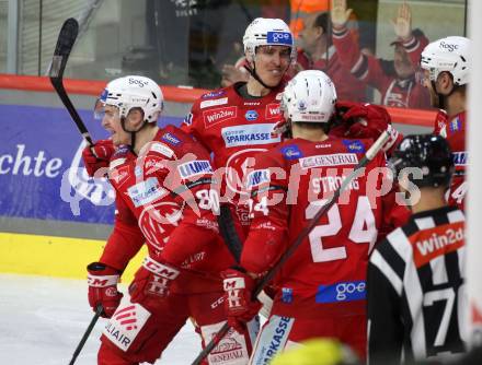 EBEL. Eishockey Bundesliga. EC KAC gegen VSV.   Torjubel Nikolaus Kraus, Mike Zalewski, Steven Strong  (KAC). Klagenfurt, am 14.3.2023.
Foto: Kuess
www.qspictures.net
---
pressefotos, pressefotografie, kuess, qs, qspictures, sport, bild, bilder, bilddatenbank