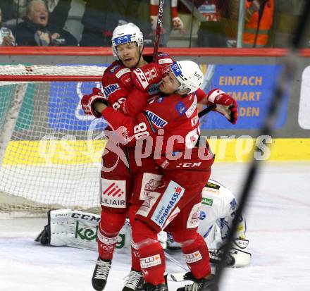 EBEL. Eishockey Bundesliga. EC KAC gegen VSV.   Torjubel Matthew Fraser, Nikolaus Kraus  (KAC). Klagenfurt, am 14.3.2023.
Foto: Kuess
www.qspictures.net
---
pressefotos, pressefotografie, kuess, qs, qspictures, sport, bild, bilder, bilddatenbank