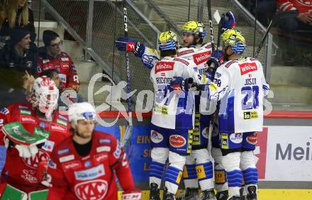 EBEL. Eishockey Bundesliga. EC KAC gegen VSV.  Torjubel Maximilian Rebernig, Marco Richter, Derek Joslin  (VSV). Klagenfurt, am 14.3.2023.
Foto: Kuess
www.qspictures.net
---
pressefotos, pressefotografie, kuess, qs, qspictures, sport, bild, bilder, bilddatenbank