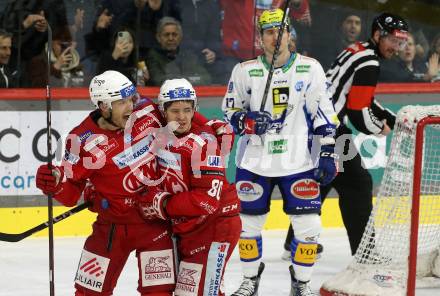 EBEL. Eishockey Bundesliga. EC KAC gegen VSV.   Torjubel Matthew Fraser, Nikolaus Kraus  (KAC). Klagenfurt, am 14.3.2023.
Foto: Kuess
www.qspictures.net
---
pressefotos, pressefotografie, kuess, qs, qspictures, sport, bild, bilder, bilddatenbank