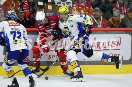 EBEL. Eishockey Bundesliga. EC KAC gegen VSV.   Nicholas Eric Petersen,  (KAC), Nicolas Rivett-Mattinen    (VSV). Klagenfurt, am 14.3.2023.
Foto: Kuess
www.qspictures.net
---
pressefotos, pressefotografie, kuess, qs, qspictures, sport, bild, bilder, bilddatenbank