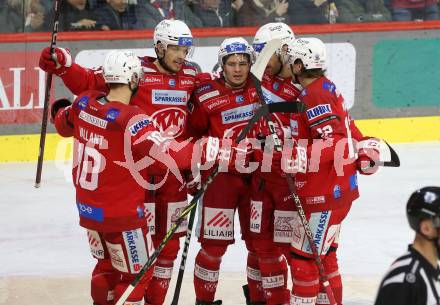 EBEL. Eishockey Bundesliga. EC KAC gegen VSV.   Torjubel Matthew Fraser, Nikolaus Kraus, Thomas Hundertpfund, Thomas Vallant, Clemens Unterweger  (KAC). Klagenfurt, am 14.3.2023.
Foto: Kuess
www.qspictures.net
---
pressefotos, pressefotografie, kuess, qs, qspictures, sport, bild, bilder, bilddatenbank