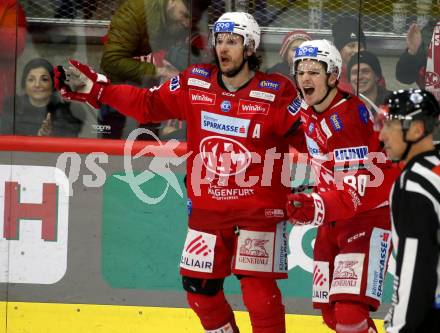 EBEL. Eishockey Bundesliga. EC KAC gegen VSV.    Torjubel Manuel Ganahl, Nikolaus Kraus (KAC). Klagenfurt, am 14.3.2023.
Foto: Kuess
www.qspictures.net
---
pressefotos, pressefotografie, kuess, qs, qspictures, sport, bild, bilder, bilddatenbank