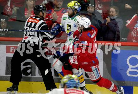 EBEL. Eishockey Bundesliga. EC KAC gegen VSV.   Manuel Ganahl, (KAC),   Maximilian Rebernig   (VSV), Schiedsrichter. Klagenfurt, am 14.3.2023.
Foto: Kuess
www.qspictures.net
---
pressefotos, pressefotografie, kuess, qs, qspictures, sport, bild, bilder, bilddatenbank