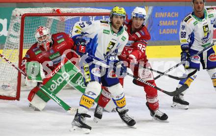 EBEL. Eishockey Bundesliga. EC KAC gegen VSV.  Clemens Unterweger, Sebastian Dahm,    (KAC),  Chris Collins  (VSV). Klagenfurt, am 14.3.2023.
Foto: Kuess
www.qspictures.net
---
pressefotos, pressefotografie, kuess, qs, qspictures, sport, bild, bilder, bilddatenbank